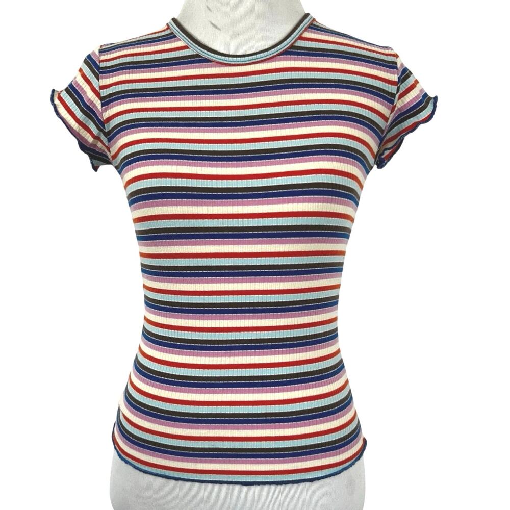 Hot Kiss Y2K Striped Ribbed Baby Tee Lettuce Edge Multicolor Top Size S